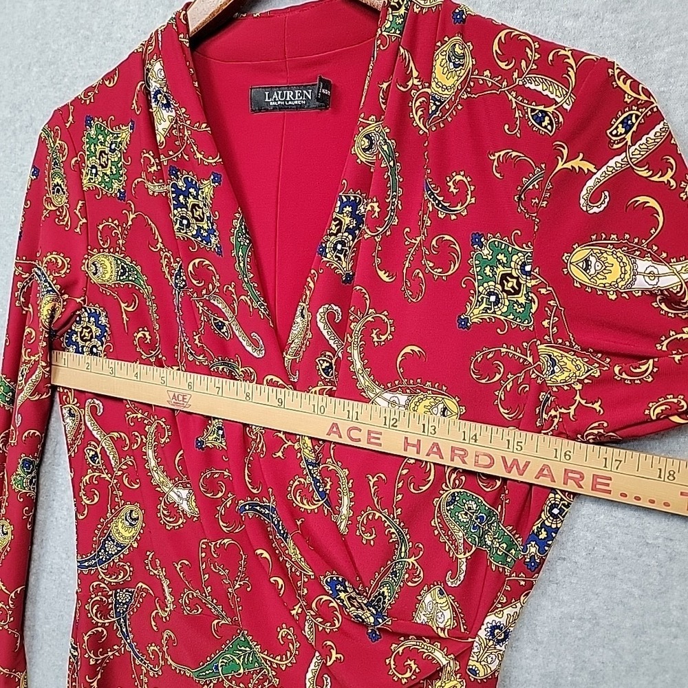 LAUREN RALPH LAUREN Paisley Pleated Surplice Faux Wrap Jersey Dress 6 Red Blue - Picture 5 of 12
